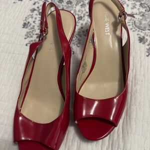Nine West Shiny Red Peep-Toe Slingbacks